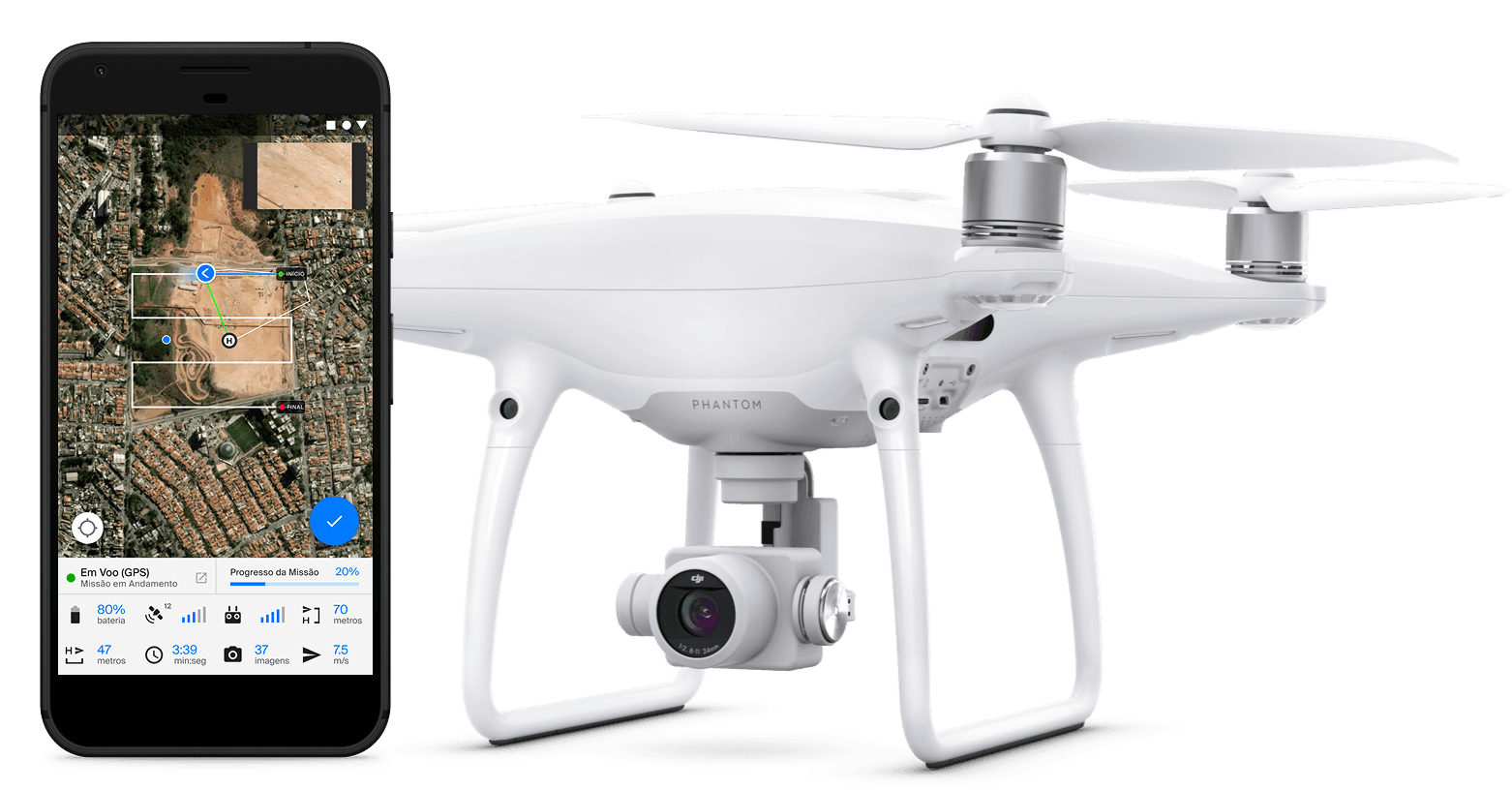 DJI Phantom drone with mission planning interface on smartphone